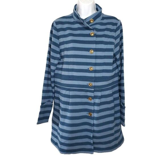 Blue Striped Jacket M Mandarin Collar Two Tone Pockets Pleated Matilda Jane - Picture 1 of 5